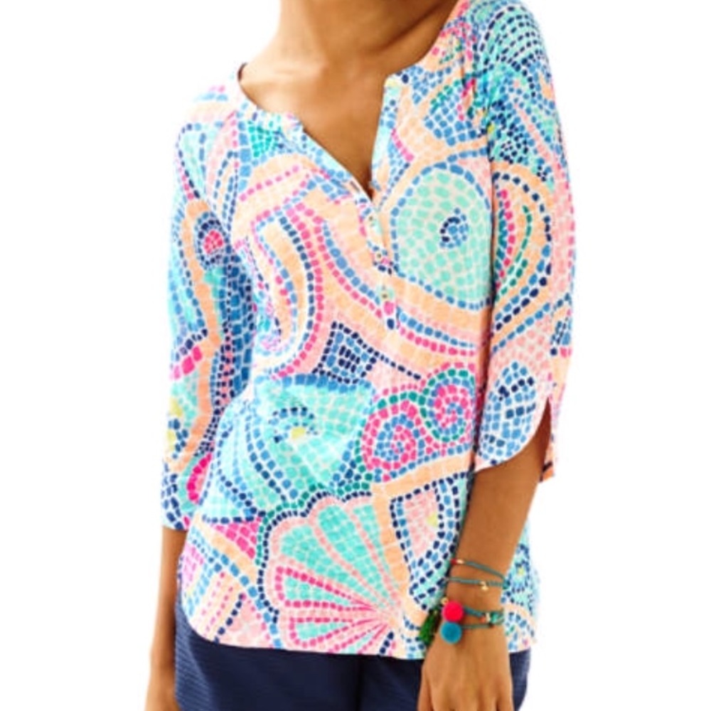 NWOT Lilly Pulitzer Egret Linen Top Tile Wave Sm